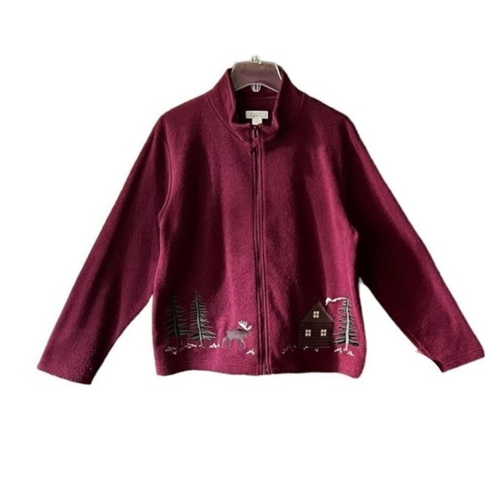 Vintage embroidered moose cabin in trees, zip fleece top